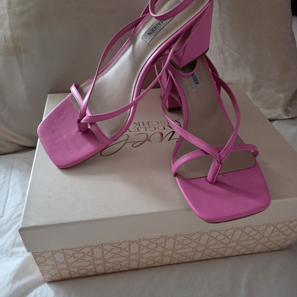 Steve Madden Pink Strappy Square-Toe Block Heels